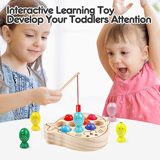 Wooden Magnetic Fishing Game for Kids 3+,Montessori Preschool Educational Activities Learning Hand-Eye Coordination Fine Motor Skills Color Sorting Magnet Fish Toys for Boys Girls