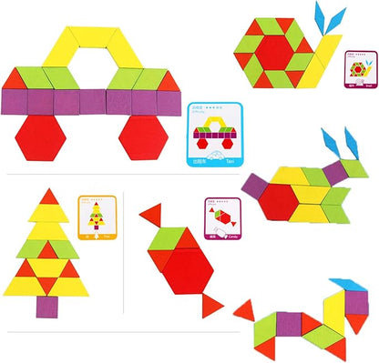 Set of 155 Wooden Pattern Blocks Geometric Manipulative Shape Puzzle Kindergarten Graphical Classic Educational Montessori Tangram Toys for Kids Ages 3+ Jigsaw Puzzles Gift with 24 Pcs Design Cards