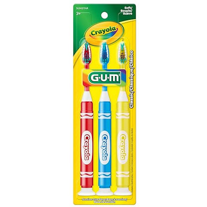 GUM Crayola Marker Children’s Toothbrush, Soft Bristled Kids’ Toothbrush Set Age 3+, Suction Cup Base, 3 Count