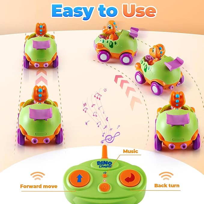Remote Control Car for Toddlers 1-3: Dinosaur RC Cars Toys for Kids 2-4 with Led Lights Music, Christmas Birthday Gifts for 3-5 Year Old Boys, 2 Packs for Racing