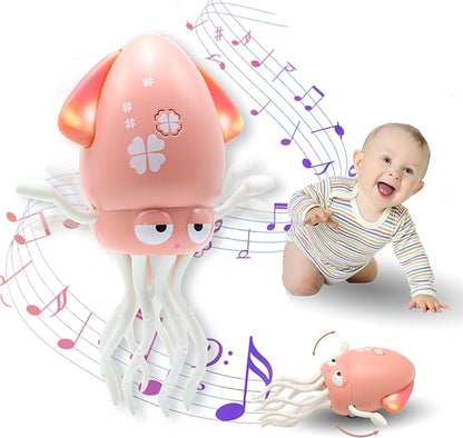 Pbooo Magic Dancing Octopus Toy, Electric Crawling with LED Lights and Music, Rechargeable Music Squid Baby Toy for 3-6 Year Olds, Tummy Time and Toddler Walking Toy, Birthday Gift, Pink