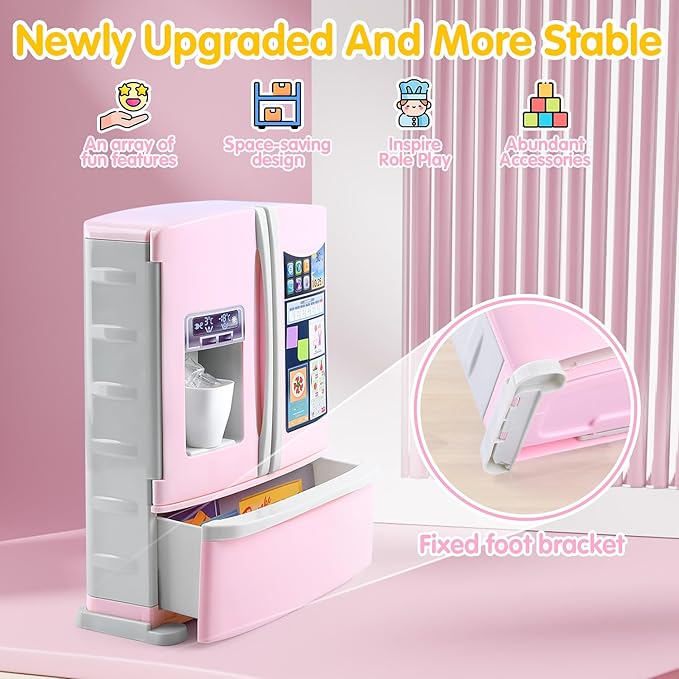PLAY Kids Kitchen Refrigerator with Ice Dispenser, Pretend Play Fridge Kitchen Set for Toddlers, Toy Kitchen Appliance Accessories for Girl Boy Christmas Birthday Gift Age 1-3 4-8, Pink