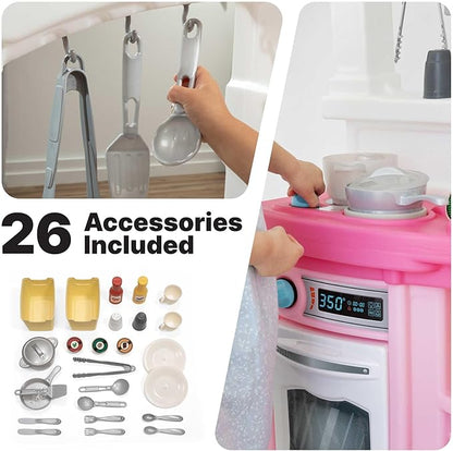 Step2 Fun with Friends Kids Kitchen Playset, Indoor/Outdoor Kitchenette, Interactive Play with Lights and Sounds, Durable Plastic, Includes 25 Piece Toy Accessories, Toddlers 2+ Years Old, Pink