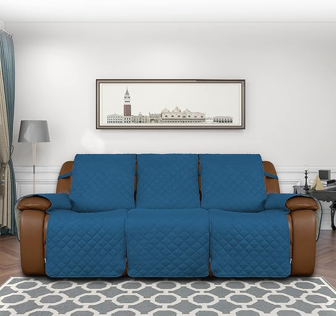 Easy-Going Recliner Sofa Cover, Reversible Couch Cover for 3 Seat Recliner, Split Sofa Cover for Each Seat, Furniture Protector with Elastic Straps for Dogs, Pets(3 Seater, Peacock Blue/Beige)