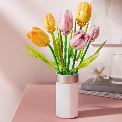 Flower Bouquet Building Toy Set Tulips, Botanical Building Blocks for Adults Home Office Decor Orange Color