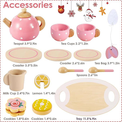 BUYGER Pretend Play Princess Tea Party Set for 3 4 5 6 + Year Old Wooden Kitchen Play Food Accessories Sets Gifts for Toddler Little Girls Boys Age 3-5