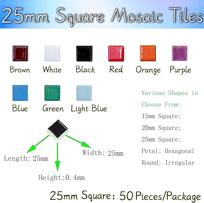 50 Pieces Black Mosaic Tiles for Crafts 1" Ceramic Tiles Assorted Colors Square Ceramic Mosaic Project Supplies for Photo Frame Mosaic Stepping Stones Bath Old Pool Furniture Decor