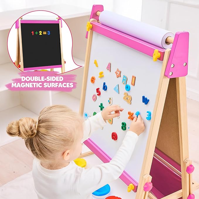 Art Easel for Kids Easel for Toddlers, Adjustable Wooden Kids Drawing Easel with Magnetic Whiteboard & Chalkboard, Kids Dry Erase Board, Easel for Kids Ages 3 4-8 9-12, Pink w/Bag