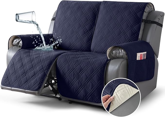 TAOCOCO 100% Waterproof Oversized Loveseat Recliner Cover, Non Slip Split Loveseat Covers for Reclining Loveseat with Elastic Straps for Kids Pets(Oversized 2 Seater, Navy Blue)