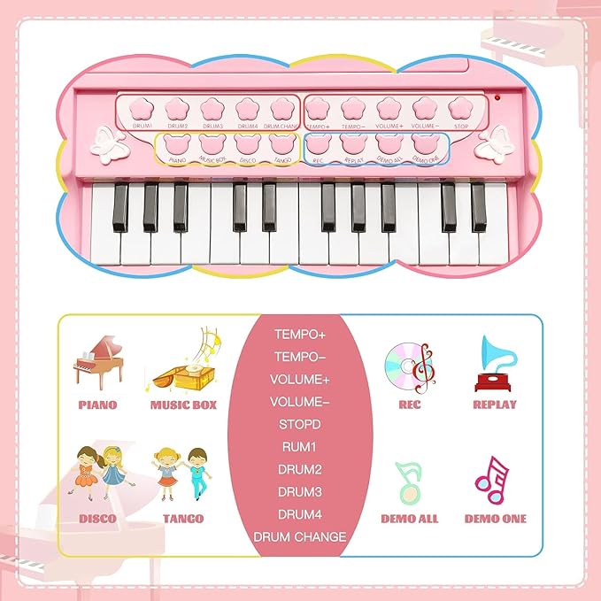 Love&Mini Piano Keyboard Toys for Girls - 24 Keys Toddler Piano Music Toy Instruments with Microphone，Pink Piano Toys for 1 2 3 4 5 Years Old Girls Birthday Xmas Gifts (24 Keys Pink Piano Toy)