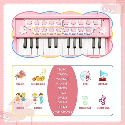 Love&Mini Piano Keyboard Toys for Girls - 24 Keys Toddler Piano Music Toy Instruments with Microphone，Pink Piano Toys for 1 2 3 4 5 Years Old Girls Birthday Xmas Gifts (24 Keys Pink Piano Toy)