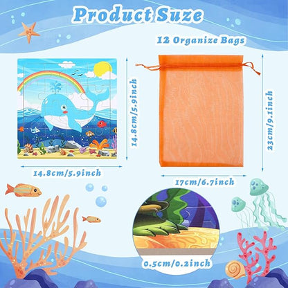 SANNIX 12 Pack Wooden Jigsaw Puzzles with 12 Organize Bags, Ocean and Space Toddlers Puzzles for Kids Ages 3 4 5, Party Favors Educational Learning Travel Toys for Boys Girls