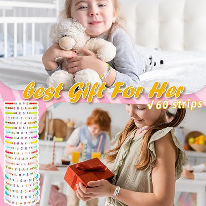 60 pcs Colorful Kids Friendship Bracelet Sets, Stackable Elastic Cute Beaded Bracelets Princess Pretend Play Bracelet Preppy Bracelets Bulk Set for Women Gift