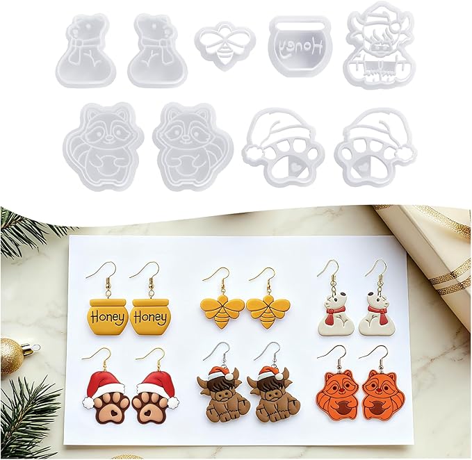 9 Pack Christmas Polymer Clay Cutters - Honey Jar/Bee/Bear/Dog Paw/Cow/Raccoon, Ideal Polymer Clay Molds & Polymer Clay Earring Cutters for Christmas Jewelry Making Easter Gifts