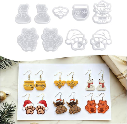 9 Pack Christmas Polymer Clay Cutters - Honey Jar/Bee/Bear/Dog Paw/Cow/Raccoon, Ideal Polymer Clay Molds & Polymer Clay Earring Cutters for Christmas Jewelry Making Easter Gifts