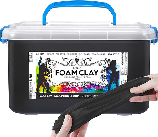Pixiss Black Modeling Foam Clay - Premium Black Foam Air Dry Clay Cosplay Foam for Costumes, 1500 Gram Sculpting Clay for Crafts - Flexible Air Drying Clay Foam (Black)