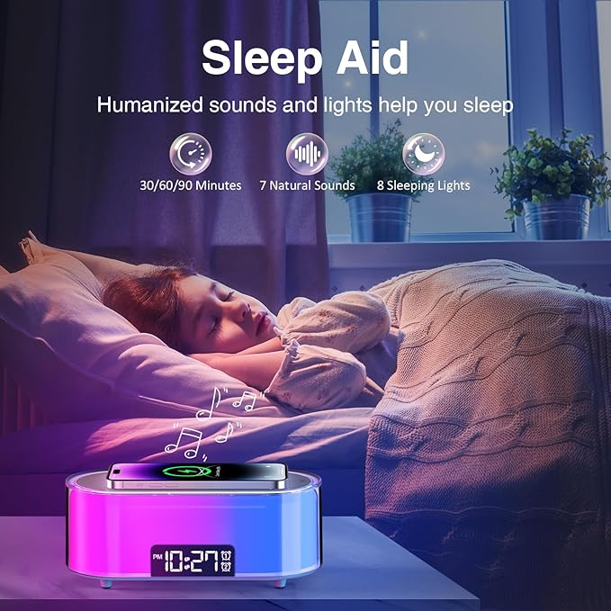 Sunrise Alarm Clock with Simulation, Wake Up Light for Heavy Sleepers, Wireless Charging, Dual Alarms, Sleep Aid & Snooze, 7 Natural Sounds, 8 Night Light, Ideal for Kids Bedroom Gift