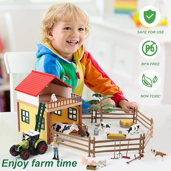 Farm Animals Figurines Toys Playset- Animal Barn House Toy Set,Tractor,Farmer,Fence,Easter Birthday Gifts for Girls Boys Toddlers Kids Ages for 3-7 Years Old