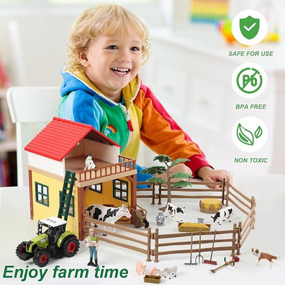 Farm Animals Figurines Toys Playset- Animal Barn House Toy Set,Tractor,Farmer,Fence,Easter Birthday Gifts for Girls Boys Toddlers Kids Ages for 3-7 Years Old