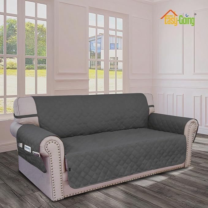 Easy-Going Waterproof Oversized Loveseat Covers Leakproof Couch Cover for 2 Cushion Couch Sofa Cover Washable Sofa Slipcover Non-Slip Furniture Protector with Pocket for Pets (Medium-XL, Dark Gray)