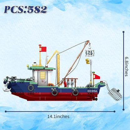 Fishing Boat Building Blocks Sets, Compatible with Lego Boat Sea Fishing Building Blocks Toy Set Collection Decoration, Gifts for Boys and Girl Ages 6-12 Years Old and up, 582 Pcs