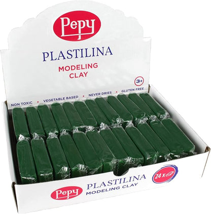 Pepy Plastilina Reusable and Non-Drying Modeling Clay; Set of 24 Bars, 1.4 Ounce Each, Perfect for Arts and Crafts Projects, Dark Green