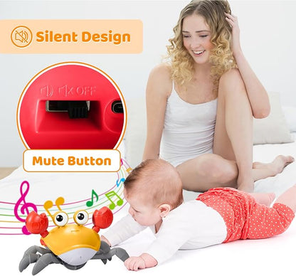 Plnmlls Crawling Crab Baby Toy - Tummy Time Toys-with Music and LED Light,Built-in Rechargeable Battery and Volume Can be Turned Off for 0-6 6-12 12-18 36 Months Walking Toddler Birthday Gift(Orange)