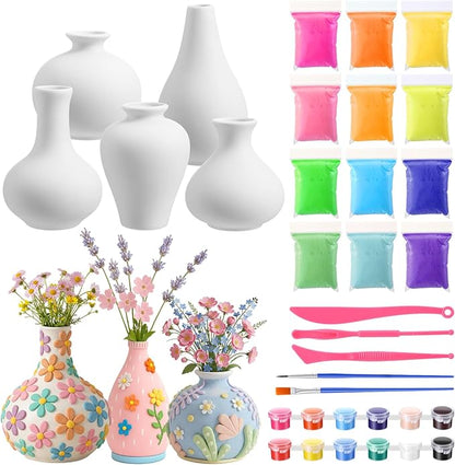 5 Set Paint Your Own Vases Pastel Painting Kit for Art DIY Craft Project Unpainted White Ceramic Vases 12 Paints 12 Color Clay for Spring Home Decor Birthday Party Gift