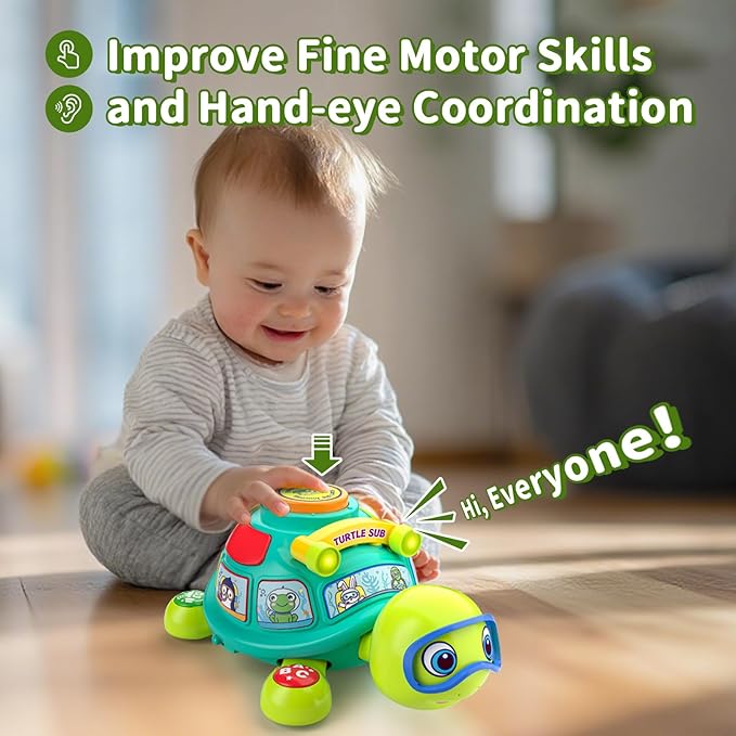 ToddlerCley Musical Turtle Baby Toys 6-12 Months, Bilingual Educational Crawling Toys 7 8 9 10 Months, Light up Infants Tummy Toy with Sound, Number, Letters, Gifts Present for Baby 4 5 6 12 Month