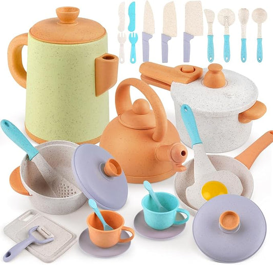 Pretend Play Kitchen Accessories Toys, Pots and Pans Utensils Playset for Kids, Cooking Play Set Gift for Toddlers Boys and Girls 3 4 5 Years Old