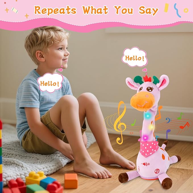 Dancing Talking Giraffe Toy, Stuffed Animal Baby Toy Repeating What You Say, Glowing Musical Electronic Giraffe Gifts for Toddlers 1-3 Years Old, Easter Gift for Kids (Purple Giraffe)