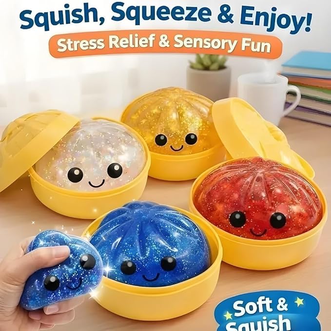 Glitter Dumpling Squishy, 2026 New Bun Squeeze Stress Relief Ball with Steamer Box for Stress Relief, More Surprises (White)