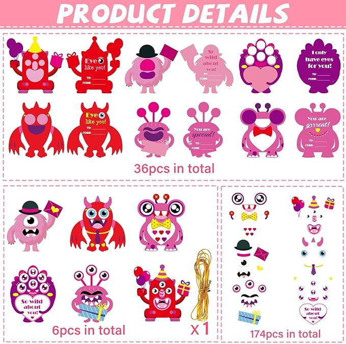 Qyeahkj 36 Sets Valentine's Day Monster Craft Kits for Kids DIY Valentines Monster Ornament Craft Sets Hanging Valentines Day Paper Card Gifts for Valentine Spring Party Class Activity Game Toys