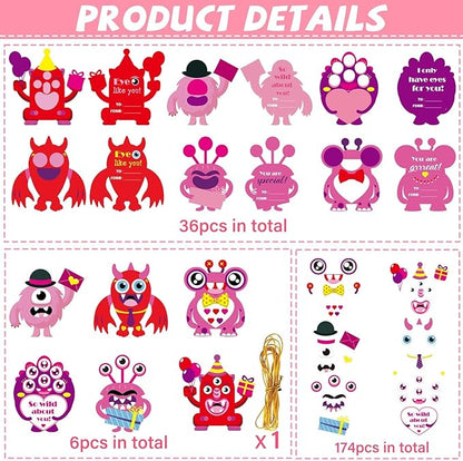 Qyeahkj 36 Sets Valentine's Day Monster Craft Kits for Kids DIY Valentines Monster Ornament Craft Sets Hanging Valentines Day Paper Card Gifts for Valentine Spring Party Class Activity Game Toys