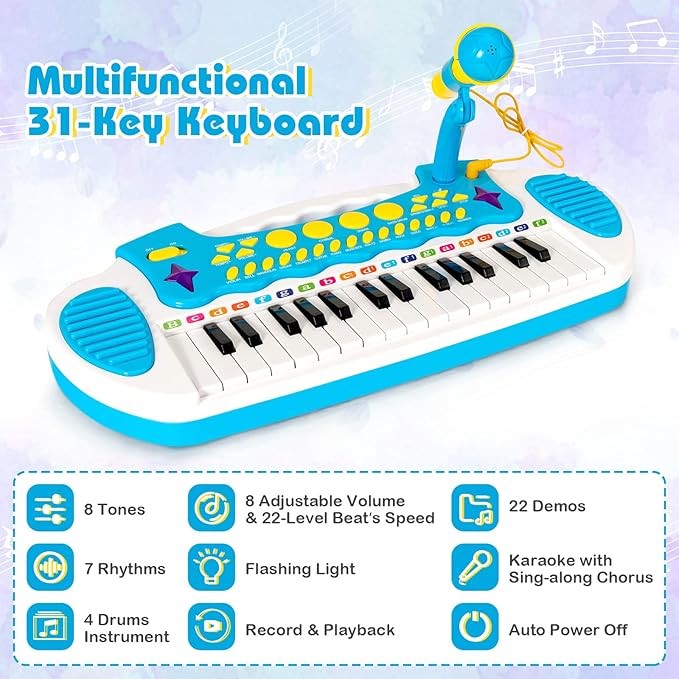 Costzon 31-Key Kids Piano Keyboard Toy, Toddler Electronic Musical Instrument Educational Toy w/Microphone, Multiple Sounds, Record Playback, Lights & Stool, Birthday Gift for Girls Boys Age 3+, Blue
