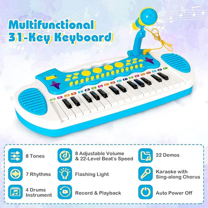 Costzon 31-Key Kids Piano Keyboard Toy, Toddler Electronic Musical Instrument Educational Toy w/Microphone, Multiple Sounds, Record Playback, Lights & Stool, Birthday Gift for Girls Boys Age 3+, Blue