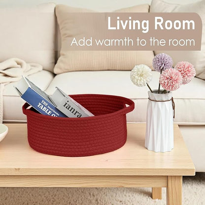 JMvicyroam Woven Basket,Small Rope Storage Bin with Handles & Ribbon Bag, Organizer for Shelves Closets,Gift Basket Empty for Birthday,Books,Dog Toys, Red/2 Pack