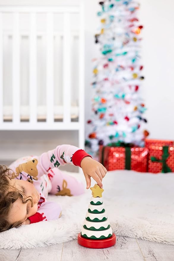 Pearhead Wooden Christmas Tree Stacking Toy, Holiday Nursery Décor & Stacking Rings for Baby, Perfect for Festive Playtime, Seasonal Celebrations, and Christmas-Themed Developmental Fun