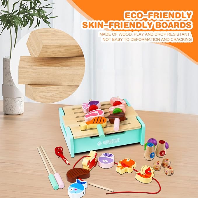 Wooden Grill Playset for Kids 3 Years Old,Children BBQ Grill Playset,2025 New Upgrade Play Kitchen Toy Grill-Pink，chiristmas Gift for Kids