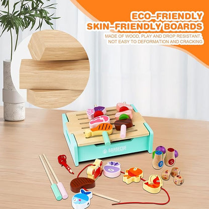 Wooden Grill Playset for Kids 3 Years Old,Children BBQ Grill Playset,2025 New Upgrade Play Kitchen Toy Grill-Pink，chiristmas Gift for Kids