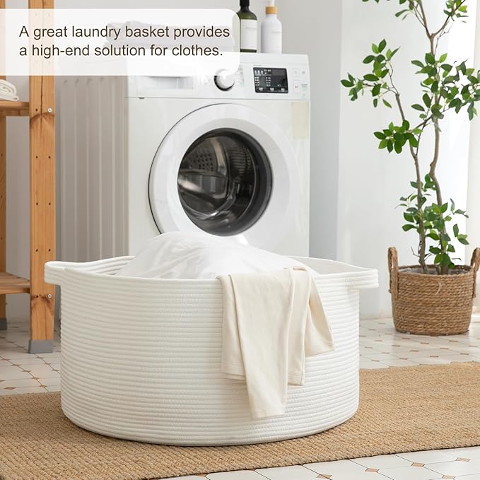 OIAHOMY 90L Blanket Basket for Living Room, Large Basket 23" x 23" x 13" with Handle, Laundry Hamper for Blankets, Pillows, Toy Storage for Kids, Dogs - White
