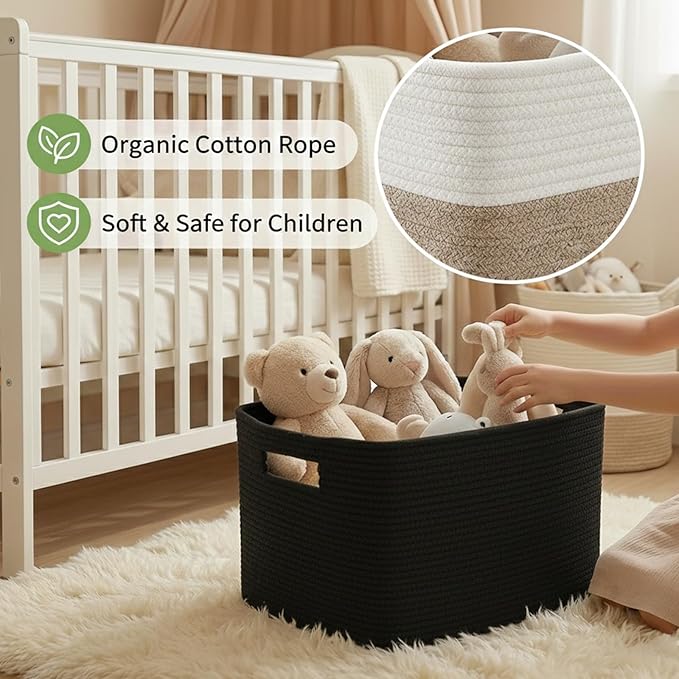 JMvicyroam Woven Blanket Basket,65L Large Storage Bin for Blankets Toys Clothes,Decorative Rope Basket for Living Room Bedroom with Handles, Black