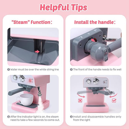 CUTE STONE Toy Coffee Set , Kids Coffee Maker Toy with Sound and Light, Realistic Steam, Play Kitchen Set with Play Food, Toddler Toy Kitchen Accessories for Girls Boys