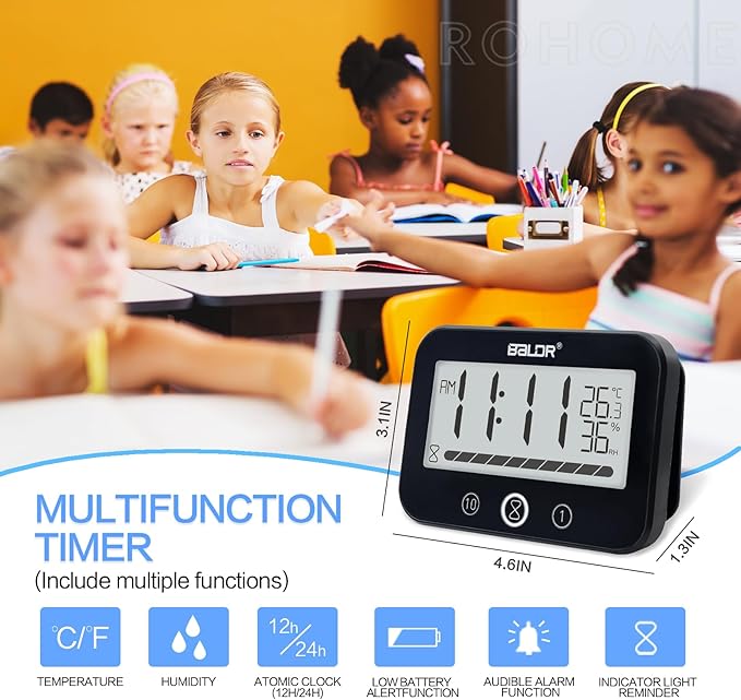 Waterproof Hanging Timer for Bathroom, Digital Kids Shower Clock with Temperature & Humidity, 99 Minutes Countdown Timer with Alarm, Water Resistant Large LCD Visual Timer, 2 Hooks Included (Black)