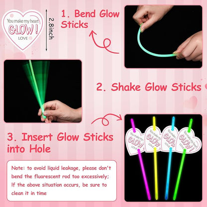 100 Sets Valentine's Day Party Supplies Gifts Include 100 Glow Sticks with 100 Heart Cards, Valentine Prize Exchange Cards Glow in the Dark Party Favors
