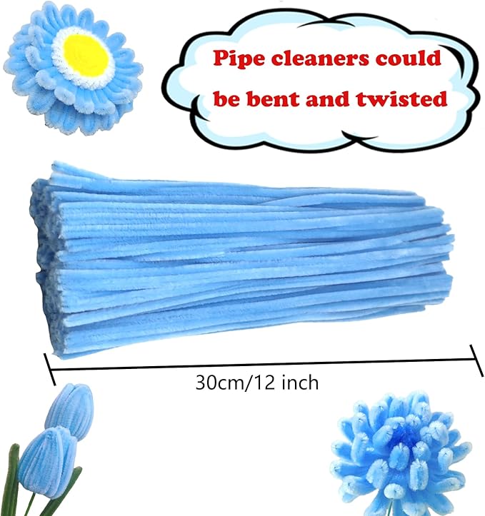 Swpohrat 100 Pieces Light Blue Pipe Cleaner Craft Set,Thick Fuzzy Chenille Stem Pipe Cleaners for DIY Craft Projects and Decorations