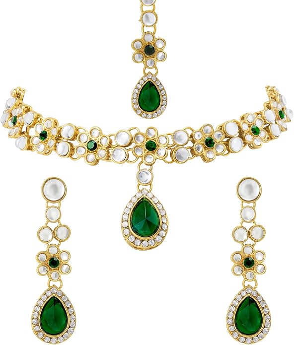 Aheli Traditional Gold Plated Kundan Beads Studded Choker Necklace Dangle Earrings & Maangtikka Set Ethnic Fashion Jewellery Gift for Women