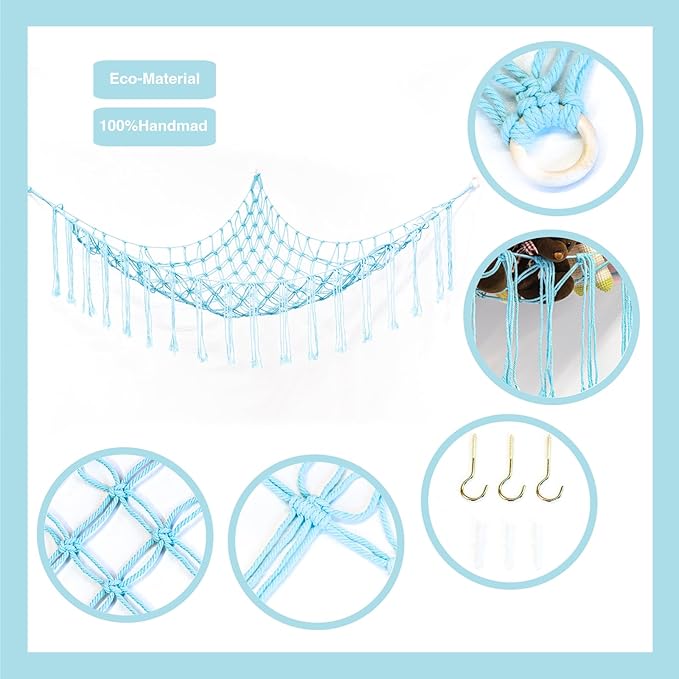 Boho Stuffed Animals Net or Hammock Large,55 inch Toy Hammock Macrame Stuff Animal Storage Corner Hanging Net Holder,Mesh Hammock Plush Toy Organizer with Hooks for Bedroom,Nursery (pale blue)