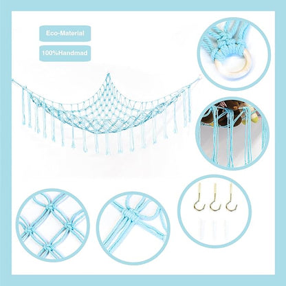 Boho Stuffed Animals Net or Hammock Large,55 inch Toy Hammock Macrame Stuff Animal Storage Corner Hanging Net Holder,Mesh Hammock Plush Toy Organizer with Hooks for Bedroom,Nursery (pale blue)