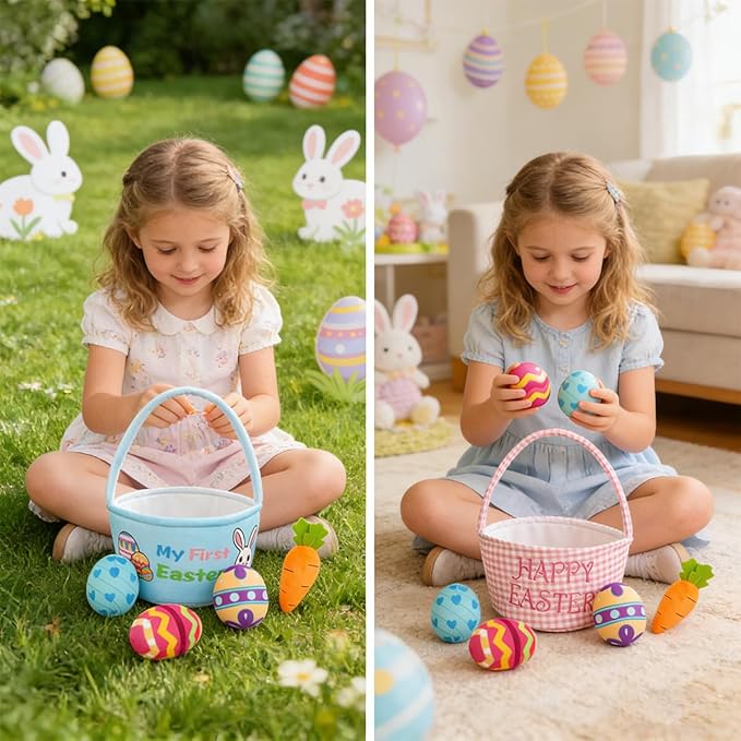 Easter Basket Gift Stuffed Baskets Toys,5 Pack Easter Egg Carrot Plush Toys,Baby Gift Baskets Egg Hunt Toy Easter Party for Baby Toddler Kids (Pink Basket)